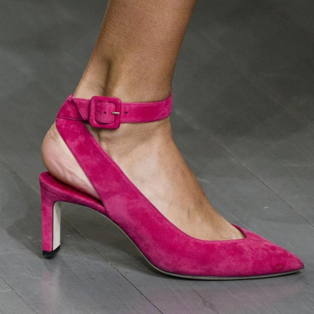 Jimmy Choo Elegant Pink Suede Women's Heels with ankle strap.